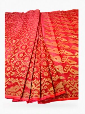 Dhakaiaa Silk Jamdani Red Colour Golden Jari Work all Over Saree